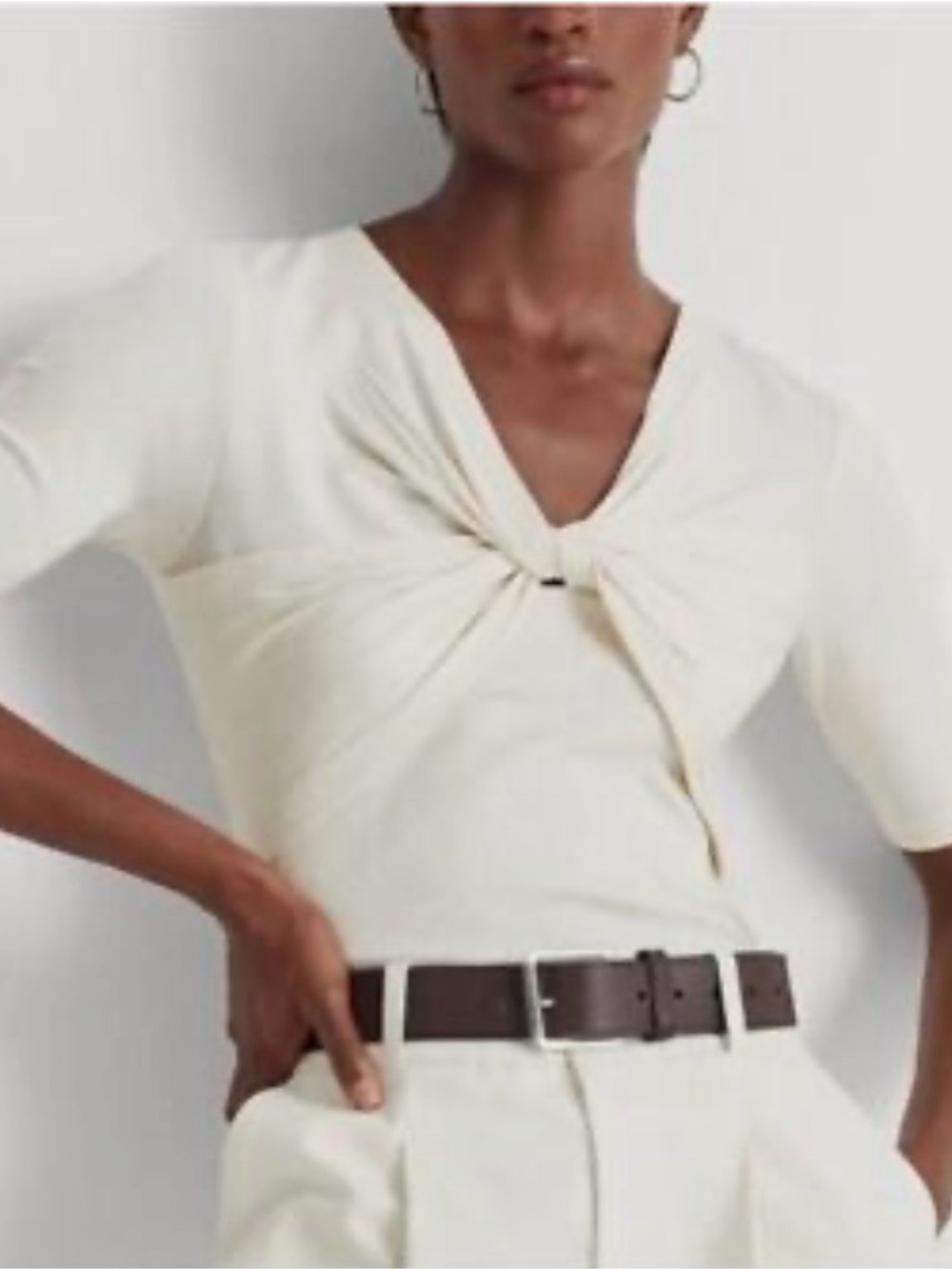 Lauren Ralph Lauren Cream Twist-Front Ribbed Tunic Top NWT